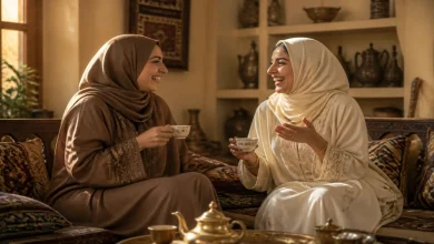 صديقتان تتشاوران على كوب شاي في مجلس دافئ